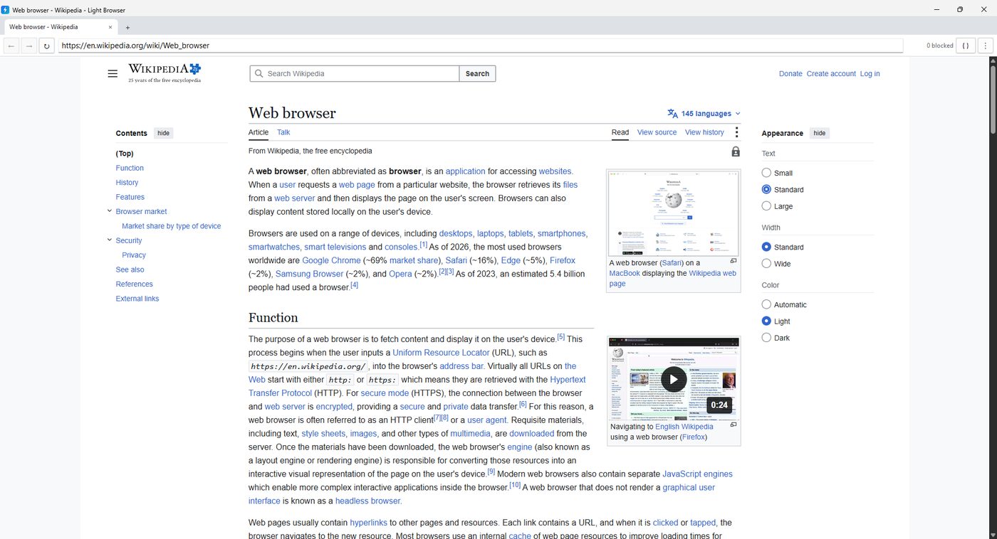 Light Browser showing Wikipedia with the ad blocker counter in the toolbar